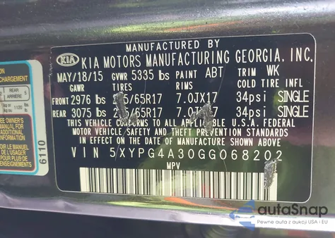 2016 Kia Sorento 2.4L Lx z USA, uszkodzony, nr VIN 5XYPG4A30GG068202